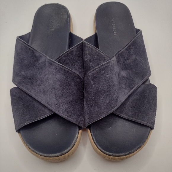 Vince Selene Suede Open Toe Crossover Strap Sandals 8 Navy Slide FF - Picture 1 of 11